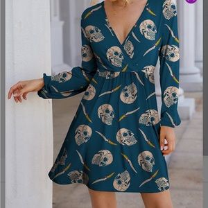 Peacock & apricot skull long sleeved surplice dress